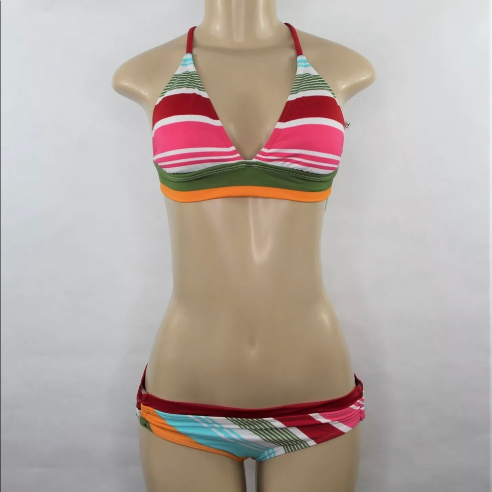 Raisins 2pc Swimsuit Set Colorful Bikini Striped Crossback Top HIpster Medium